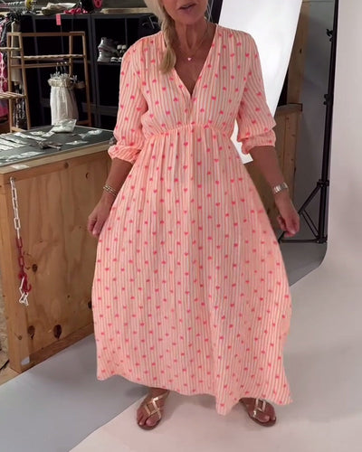 Elegant V-Neck Dress with Heart Print