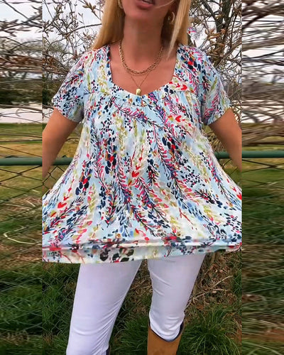 U-Neck Patterned Short Sleeve T-Shirt