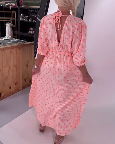 Elegant V-Neck Dress with Heart Print