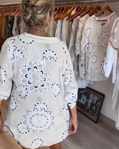 Versatile Printed V-Neck Blouse with Half-Length Sleeves
