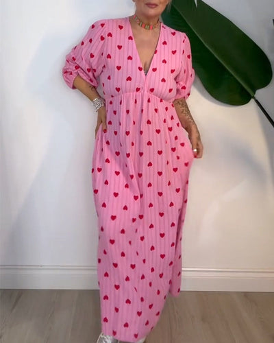 Elegant V-Neck Dress with Heart Print