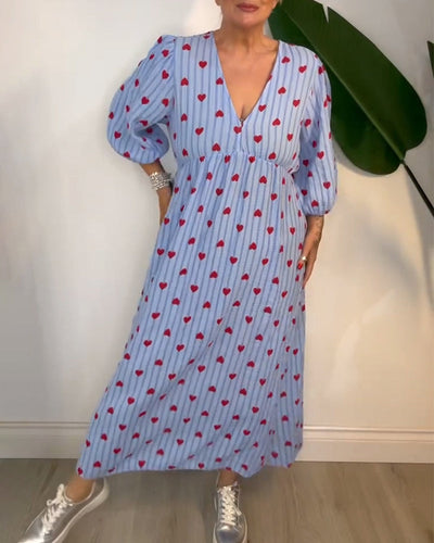 Elegant V-Neck Dress with Heart Print