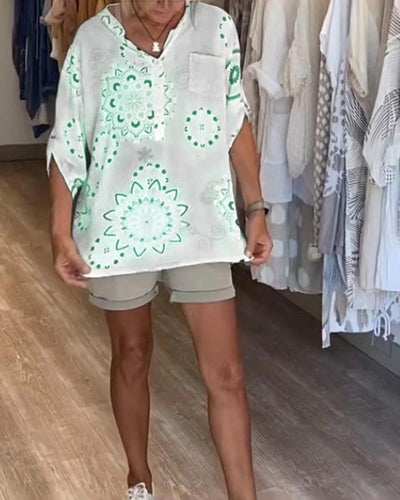 Versatile Printed V-Neck Blouse with Half-Length Sleeves