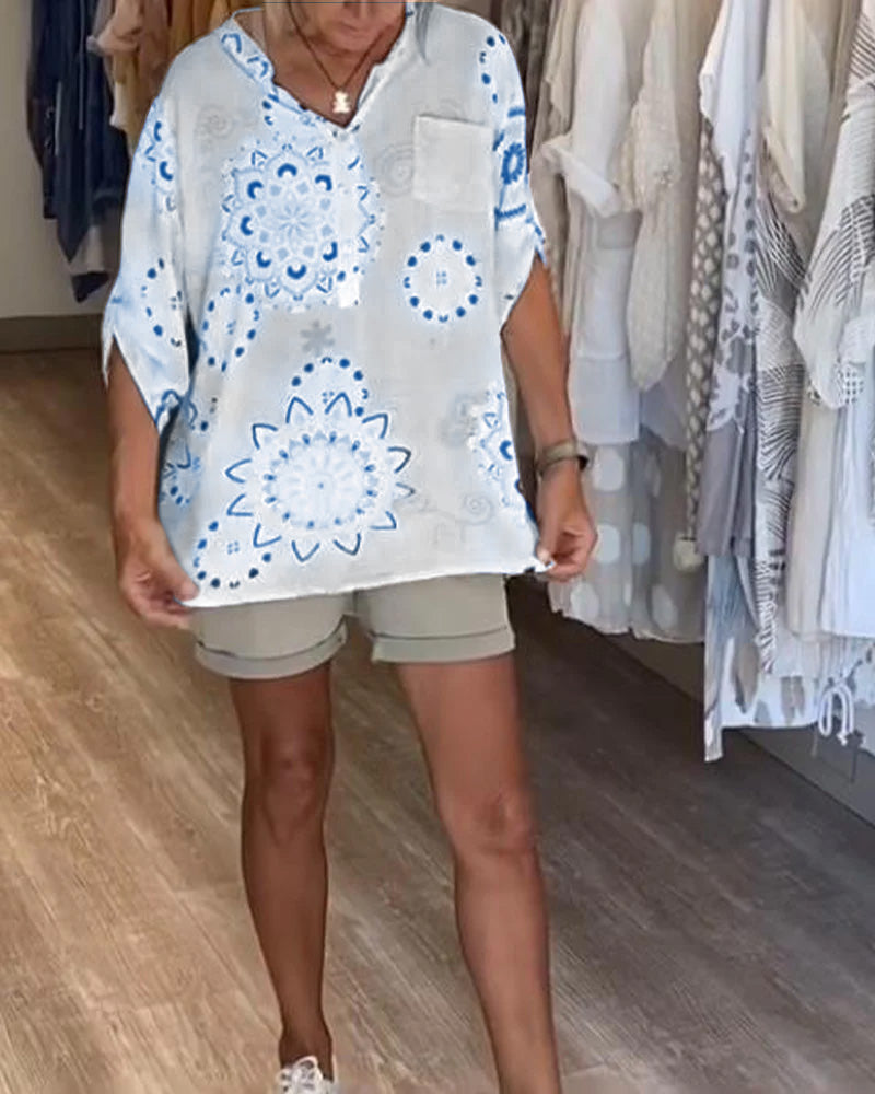 Versatile Printed V-Neck Blouse with Half-Length Sleeves