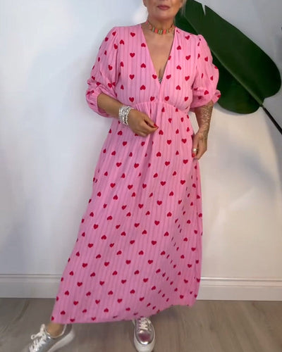Elegant V-Neck Dress with Heart Print