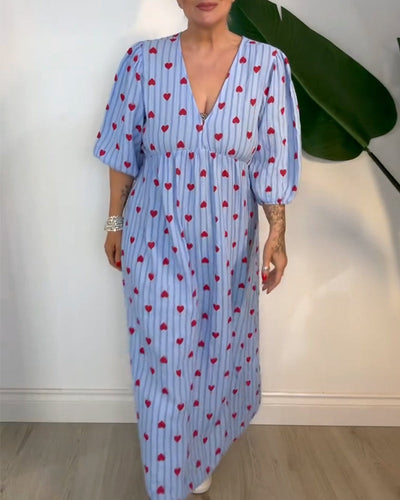 Elegant V-Neck Dress with Heart Print
