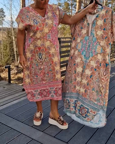 Short Sleeve V-Neck Straight Patterned Dress