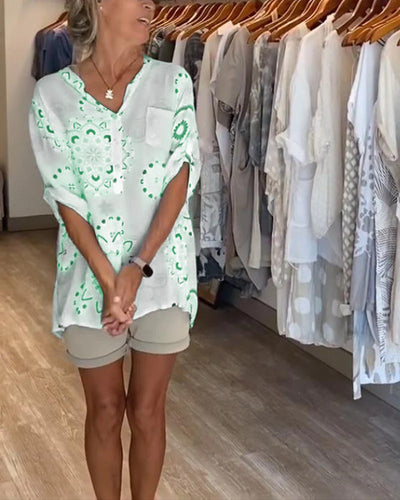 Versatile Printed V-Neck Blouse with Half-Length Sleeves