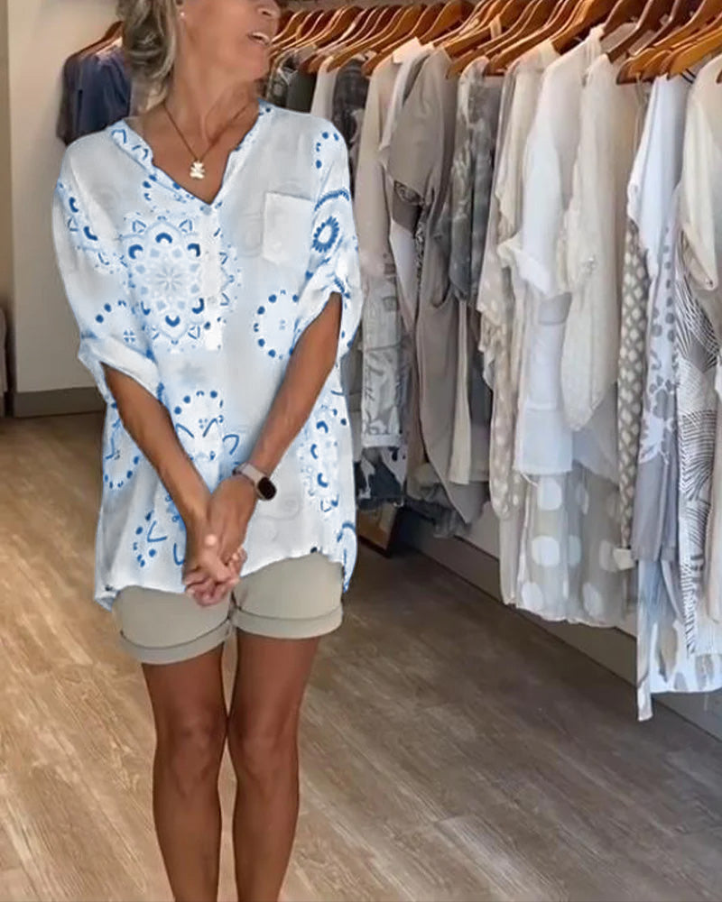 Versatile Printed V-Neck Blouse with Half-Length Sleeves