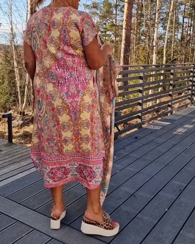 Short Sleeve V-Neck Straight Patterned Dress
