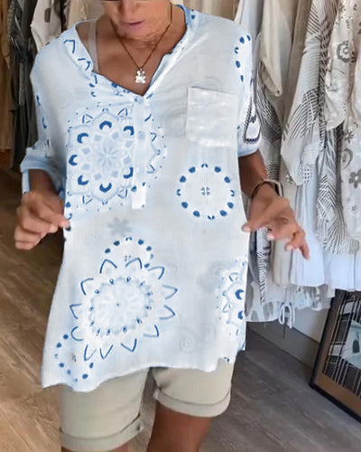 Versatile Printed V-Neck Blouse with Half-Length Sleeves