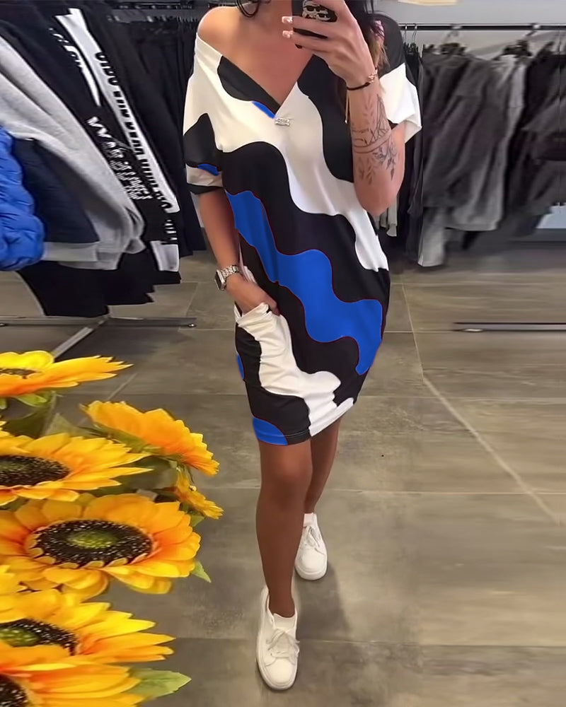 Wave Print V-Neck Dress
