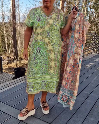 Short Sleeve V-Neck Straight Patterned Dress