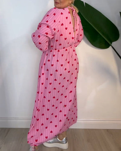 Elegant V-Neck Dress with Heart Print