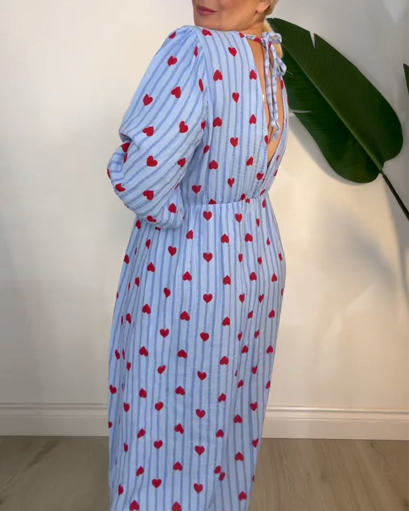 Elegant V-Neck Dress with Heart Print