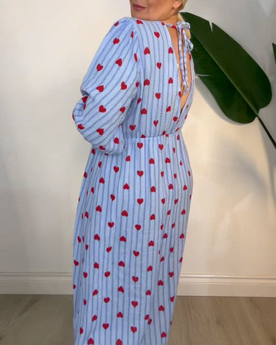 Elegant V-Neck Dress with Heart Print
