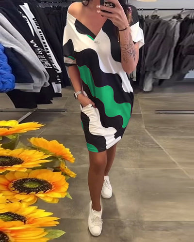 Wave Print V-Neck Dress