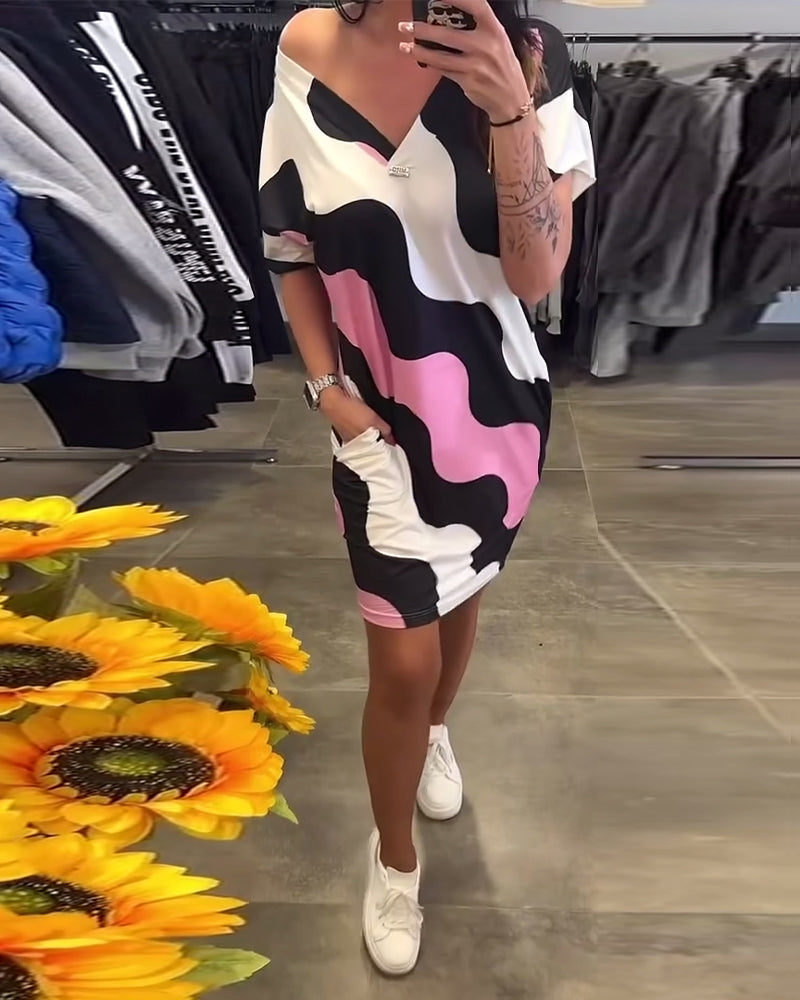 Wave Print V-Neck Dress