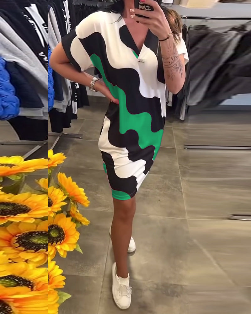 Wave Print V-Neck Dress