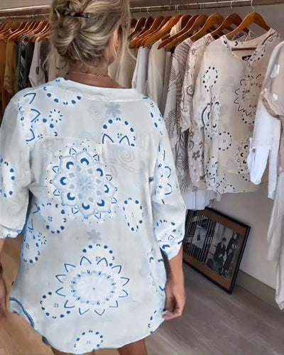 Versatile Printed V-Neck Blouse with Half-Length Sleeves