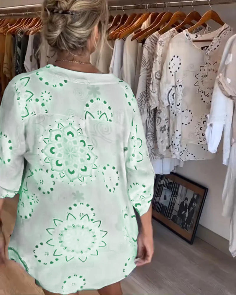 Versatile Printed V-Neck Blouse with Half-Length Sleeves