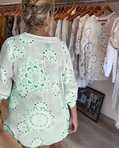 Versatile Printed V-Neck Blouse with Half-Length Sleeves
