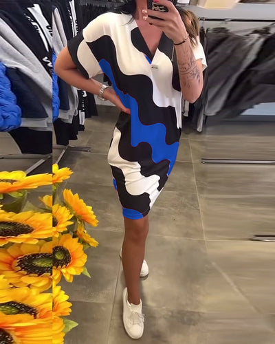 Wave Print V-Neck Dress
