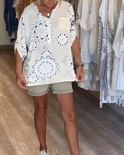 Versatile Printed V-Neck Blouse with Half-Length Sleeves