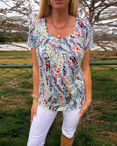 U-Neck Patterned Short Sleeve T-Shirt