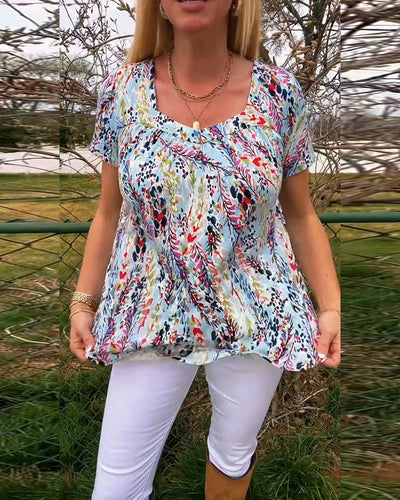 U-Neck Patterned Short Sleeve T-Shirt
