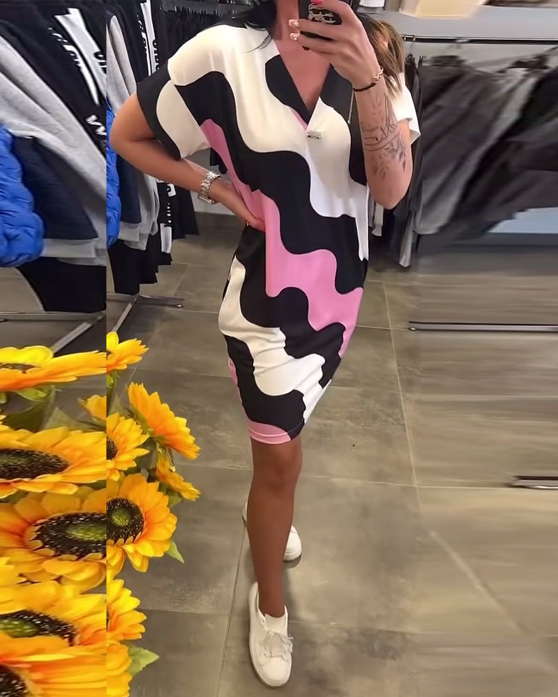Wave Print V-Neck Dress