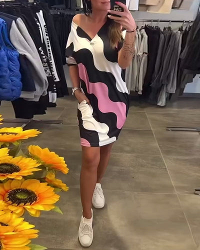 Wave Print V-Neck Dress