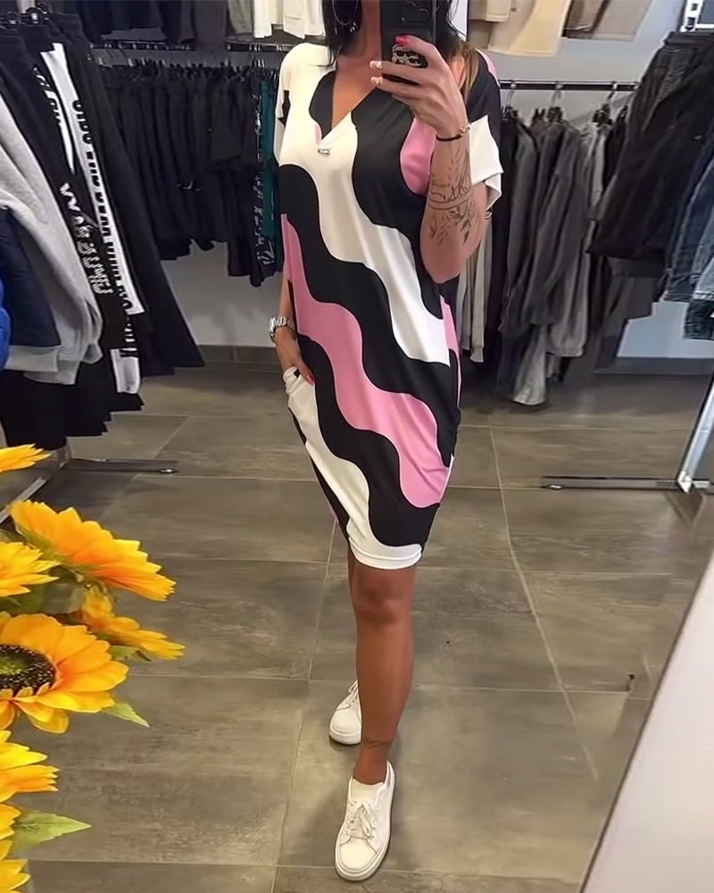 Wave Print V-Neck Dress