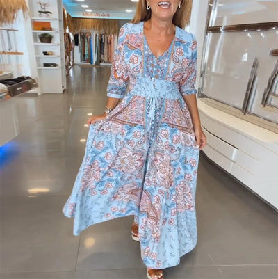 3/4 Sleeve Vacation Dress with V-Neckline