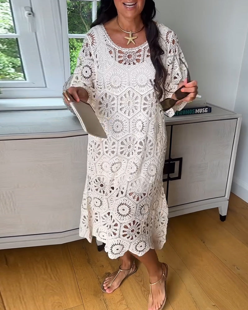 Cotton Dress Featuring a Cut-Out Design and Half Sleeves
