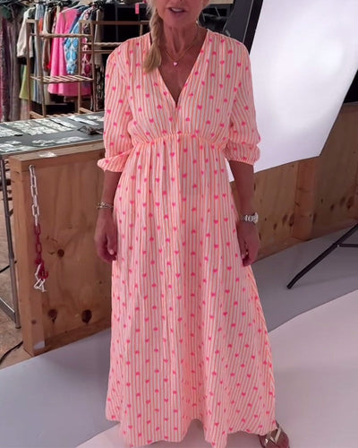 Elegant V-Neck Dress with Heart Print