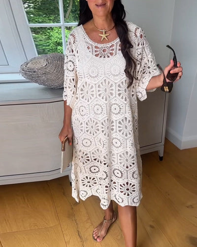 Cotton Dress Featuring a Cut-Out Design and Half Sleeves