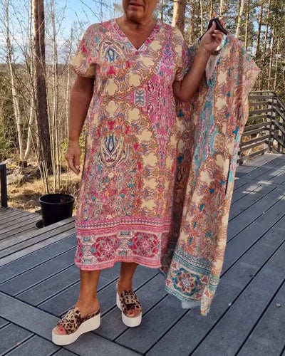 Short Sleeve V-Neck Straight Patterned Dress