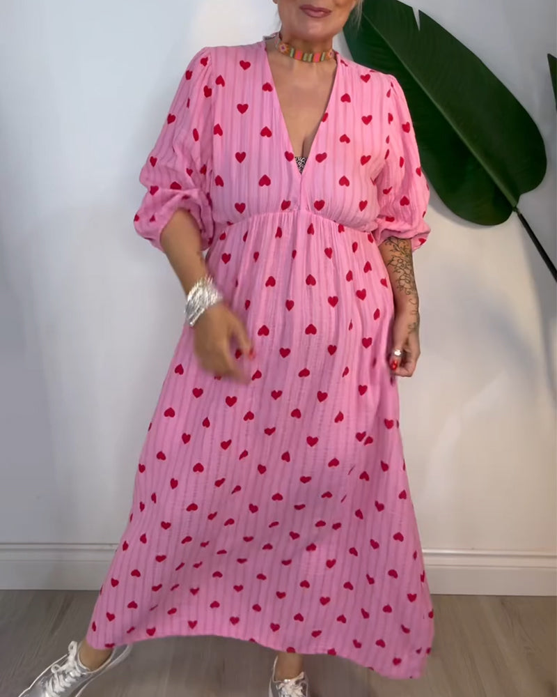Elegant V-Neck Dress with Heart Print