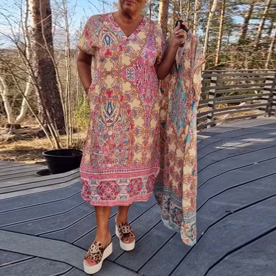 Short Sleeve V-Neck Straight Patterned Dress