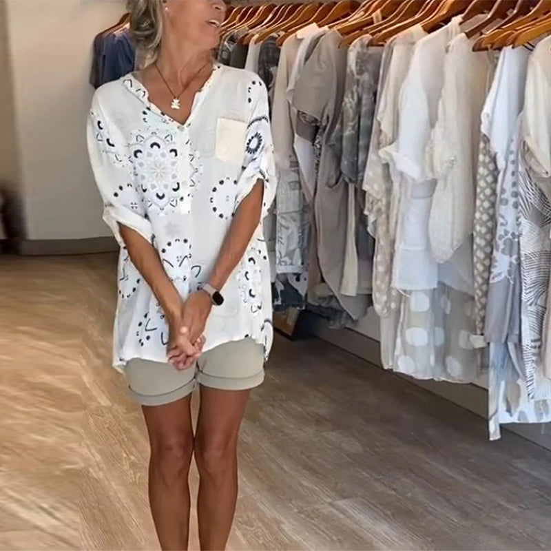 Versatile Printed V-Neck Blouse with Half-Length Sleeves