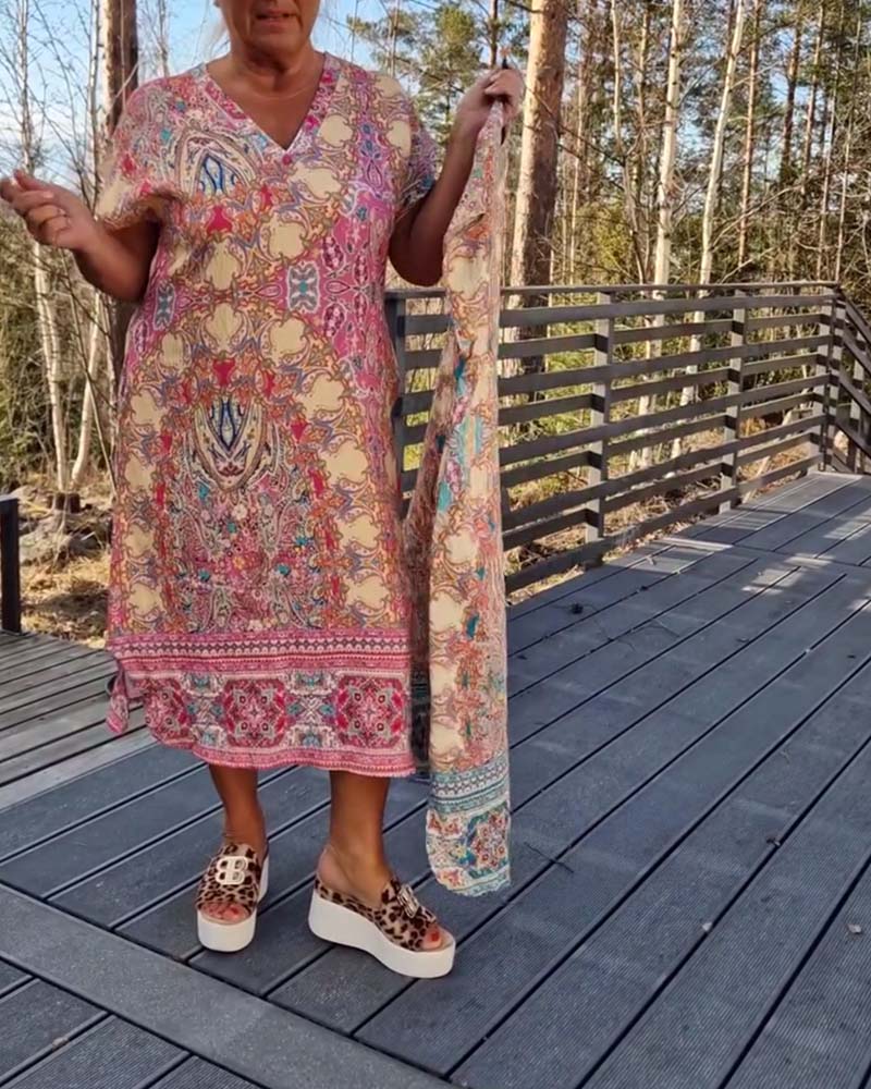 Short Sleeve V-Neck Straight Patterned Dress