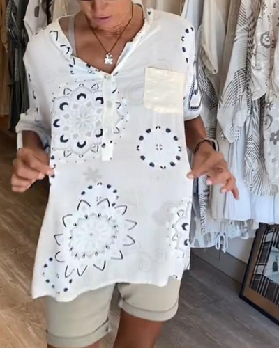 Versatile Printed V-Neck Blouse with Half-Length Sleeves