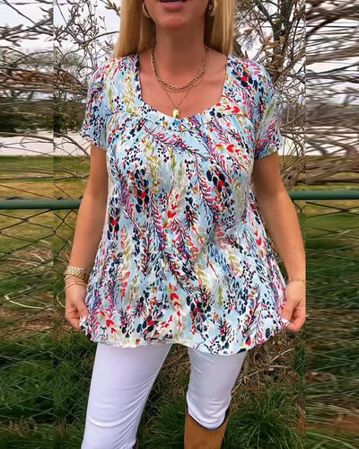 U-Neck Patterned Short Sleeve T-Shirt