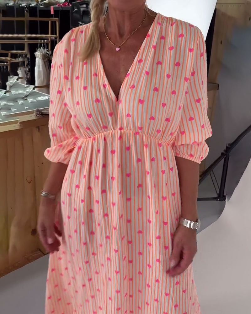 Elegant V-Neck Dress with Heart Print