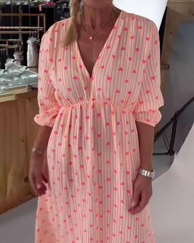 Elegant V-Neck Dress with Heart Print