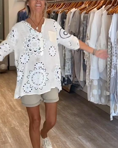 Versatile Printed V-Neck Blouse with Half-Length Sleeves