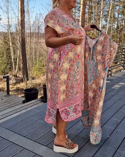 Short Sleeve V-Neck Straight Patterned Dress