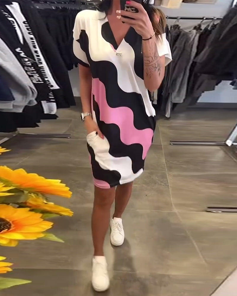 Wave Print V-Neck Dress