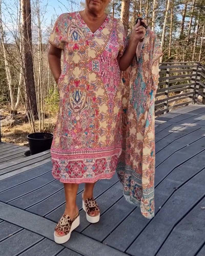 Short Sleeve V-Neck Straight Patterned Dress